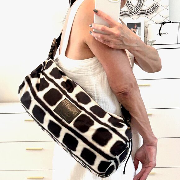 CHANEL Handbags - CHANEL Black and White Patterned Shoulder Bag with Leather Logo Patch